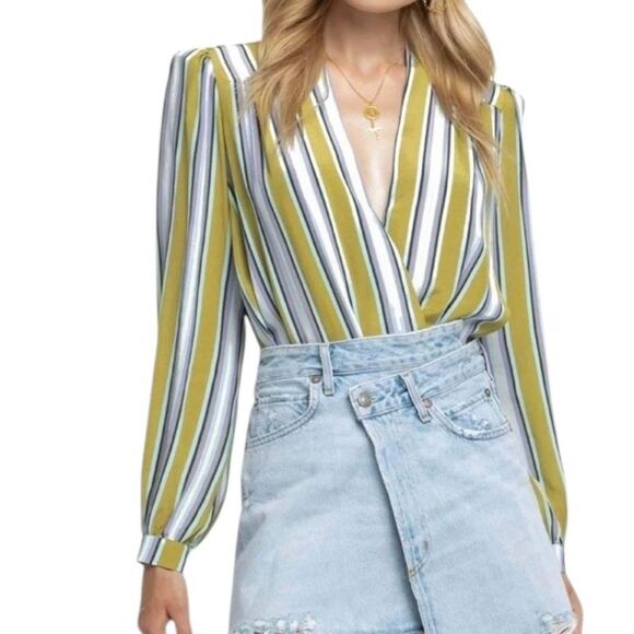 Astr The Label Quinn Bodysuit Wrap Blouse Stripe Gold Purple L pm - Picture 3 of 11